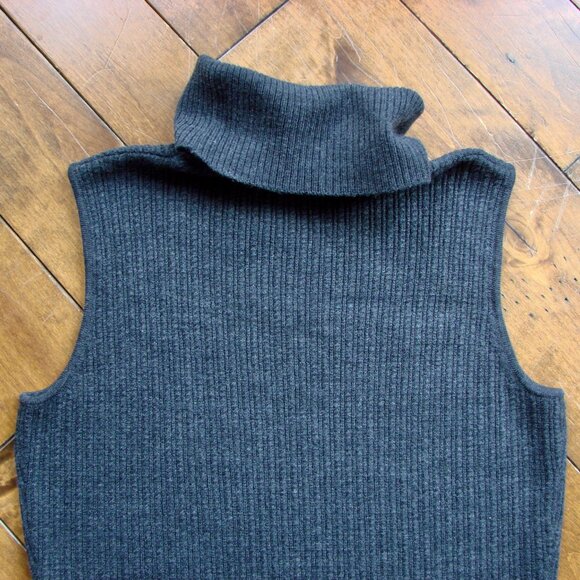 Wool Dark Gray Sweater Dress Turtleneck Sleeveless Ribbed Fine Merino Wool Small - Picture 9 of 10